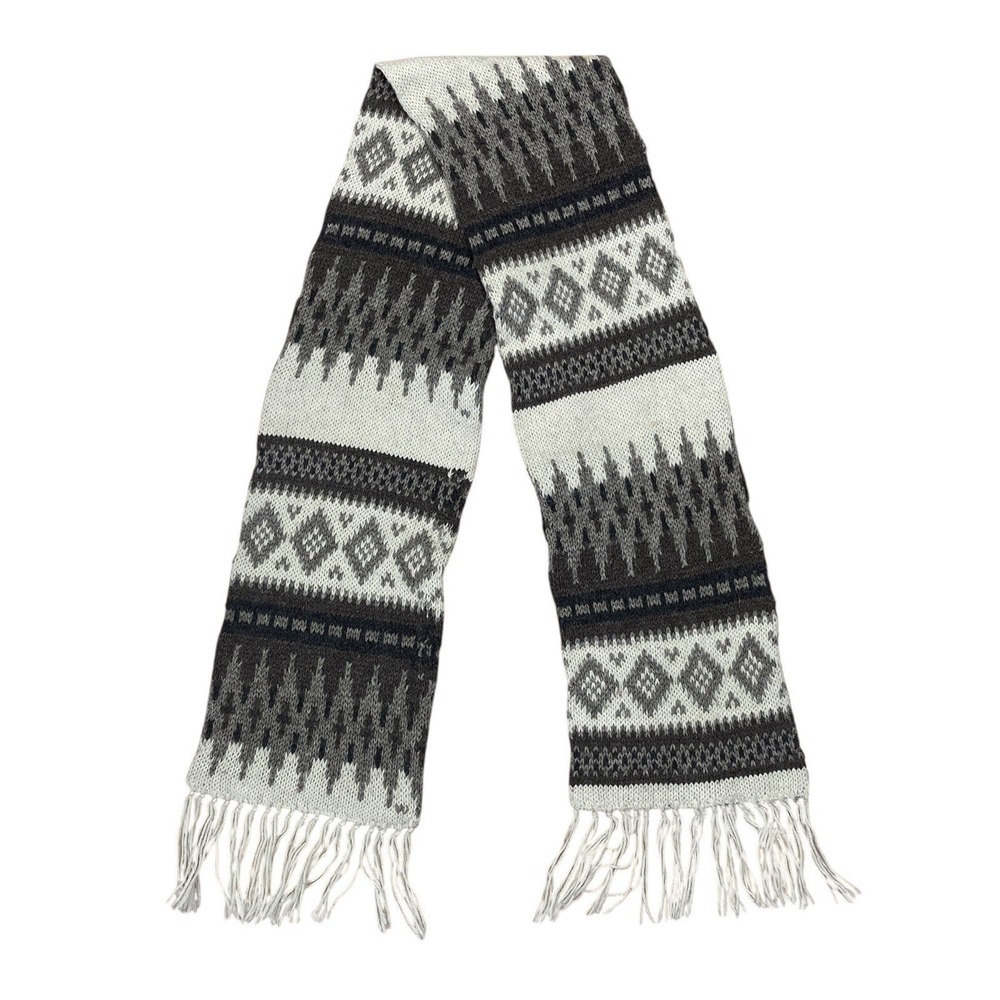 Broner Wool Blend Double Knit Scarf 58x8‎ Fair Isle Fringe Cozy USA Made